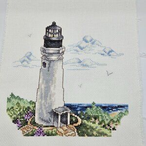 Completed Lighthouse Cross Stitch | Nautical Unframed Coastal Wall Art